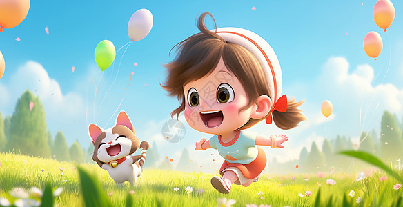 在草地上奔跑与宠物一起奔跑在草地上的卡通小女孩与宠物猫插画