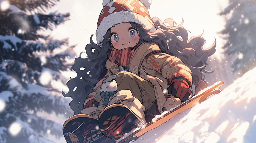 坐在山坡上的滑雪的可爱卡通小女孩图片