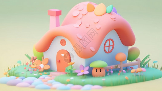 粉色屋顶可爱的立体卡通小房子高清图片