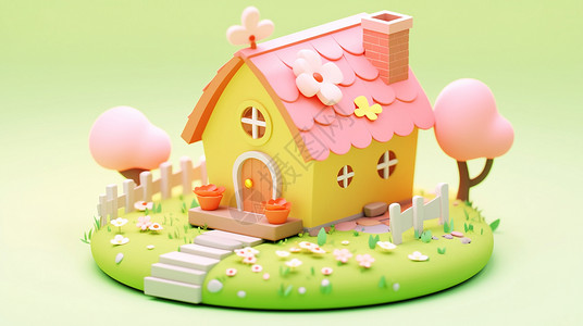 房卡通房顶上有小花的可爱卡通小屋插画