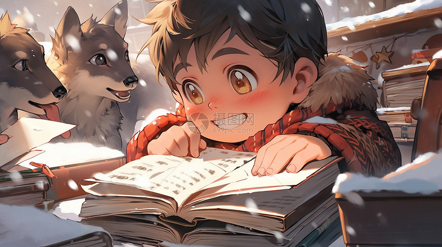 大雪中与小动物们一起看书的开心笑的卡通小男孩图片