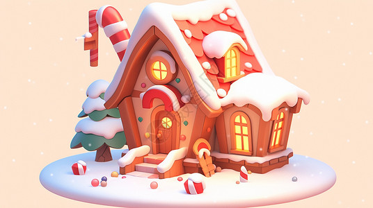 圣诞节雪后唯美的卡通小房子与圣诞树背景图片