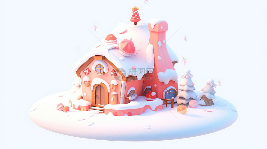房顶覆盖着雪的立体可爱卡通圣诞屋图片