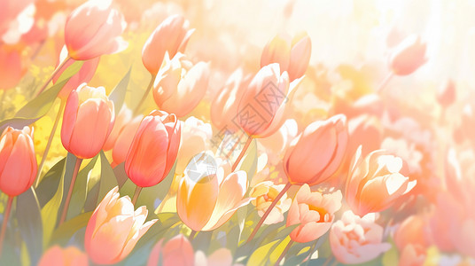 暖色调盛开的卡通郁金香花朵卡通背景背景图片