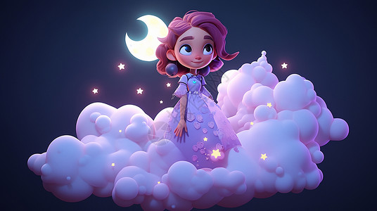 夜晚站在云朵上立体可爱的卡通小女孩背景图片