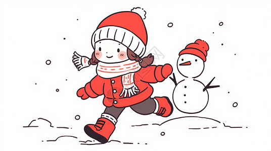 穿红色厚外套开心奔跑的可爱的卡通小女孩与小雪人背景图片