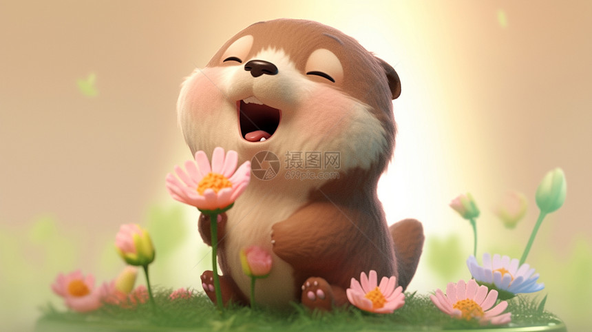 看着粉色花朵开心笑的可爱卡通土拔鼠图片