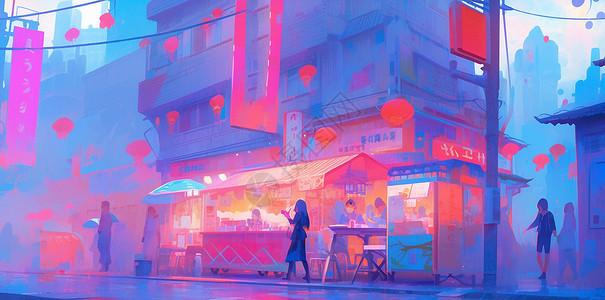 凌晨梦幻抽象的卡通城市街道蓝紫色调背景图片