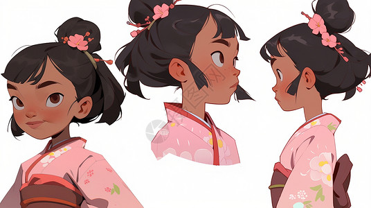 深色皮肤头戴粉色花朵的卡通小女孩多角度背景图片