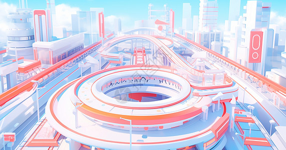 卡通轨道科技感的橙色城市轨道现代卡通城市设计图片