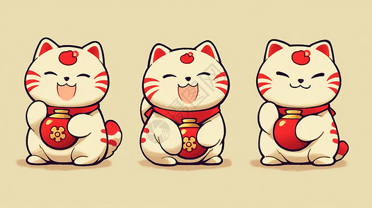 表情笑开心笑可爱的卡通招财猫多动作与表情插画
