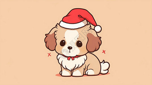 戴着圣诞帽呆萌可爱的卡通小奶狗背景图片