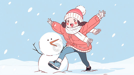 冬天大雪中与小雪人一起开心玩耍的可爱卡通小女孩背景图片