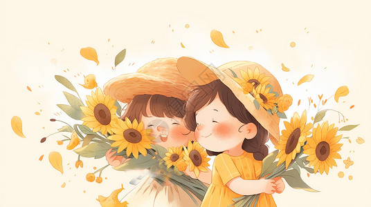 两个抱着向日葵的可爱卡通小女孩背景图片