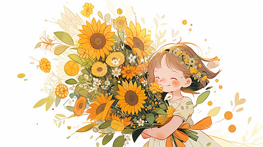 抱着一大束向日葵头戴花朵的可爱卡通小女孩背景图片