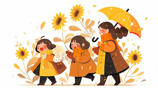 拿着向日葵花和雨伞开心走路的卡通女孩们高清图片