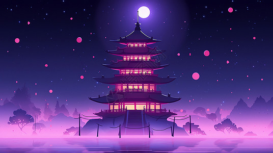 夜晚紫色雾气弥漫的古风卡通高塔背景图片