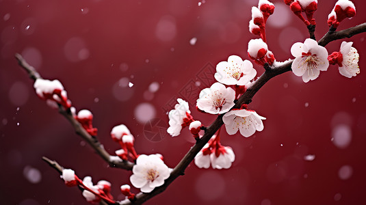 盛开的梅花红墙背景背景图片