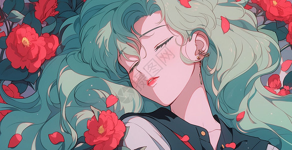 躺着睡觉的女孩绿色长发漂亮的卡通女孩躺在红色玫瑰花丛中插画