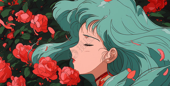 正在睡觉的女孩正在闻着红色玫瑰花的漂亮绿色头发卡通女孩插画