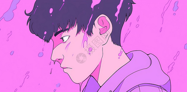 紫色调在雨中的卡通男青年背景图片