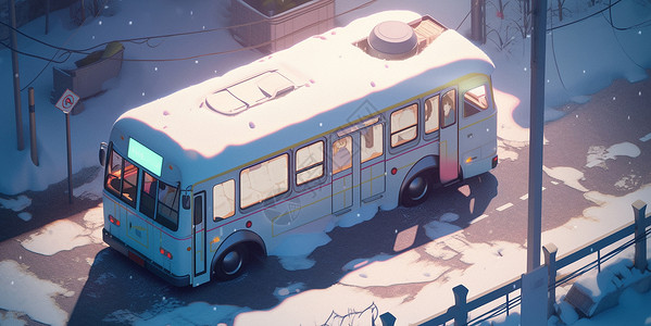 冬天行驶在城市道路上的卡通公交车背景图片