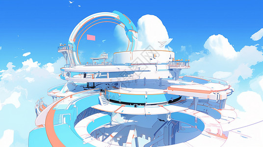 在蓝蓝的天空中科幻卡通建筑物背景图片