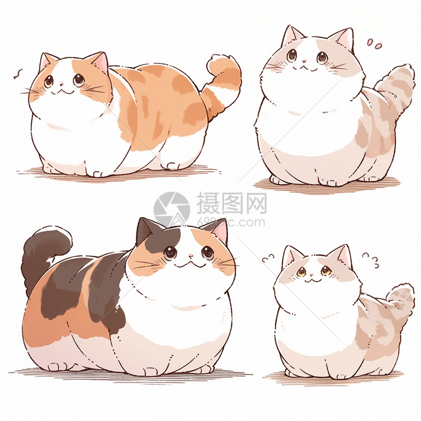 多只肥胖萌萌的可爱卡通小花猫图片