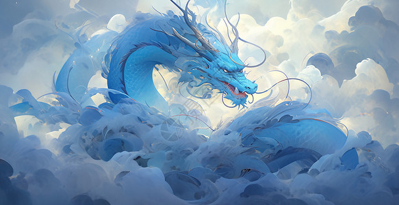 蓝色古风新年龙年飞舞在云端的蓝色卡通巨龙插画