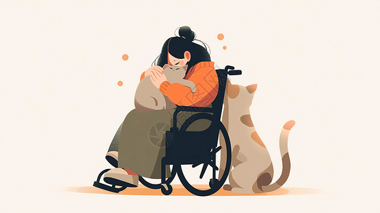 轮椅上的残疾人坐在轮椅上抱着宠物猫的卡通女孩插画