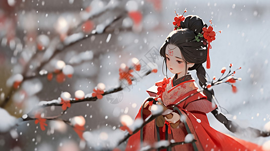 冬天大雪中在梅花树旁欣赏花朵的古风长发卡通女孩背景图片