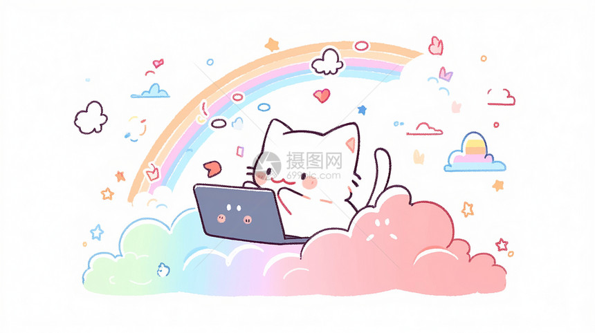 在彩色云朵上开心办公的可爱卡通小猫图片