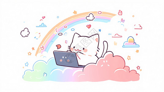 在彩色云朵上开心办公的可爱卡通小猫背景图片