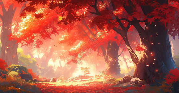 红色梦幻唯美的卡通森林背景图片
