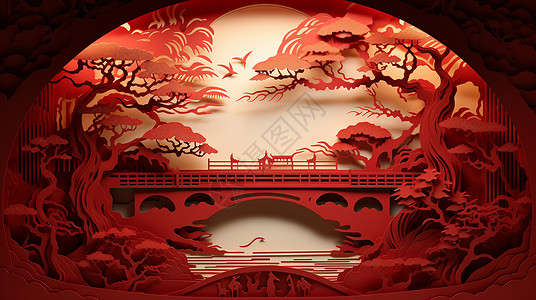 喜庆的的红色剪纸卡通桥与古树风景图案高清图片