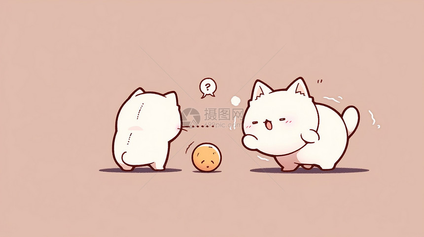 粉色背景上两只玩球的可爱卡通小白猫图片