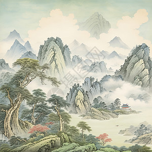 古松与山川水墨山水画背景图片