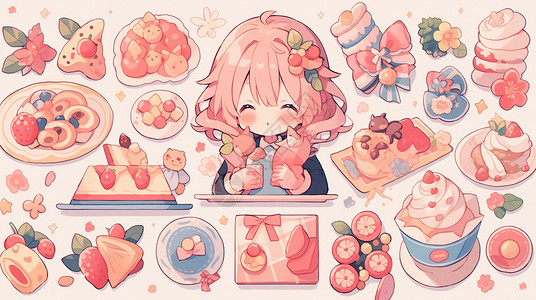 粉色的头发可爱的卡通女孩与各种美味的甜品背景图片