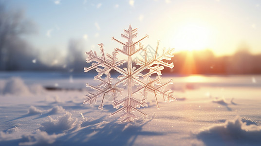 冬天的太阳在雪地中的一朵漂亮的雪花设计图片