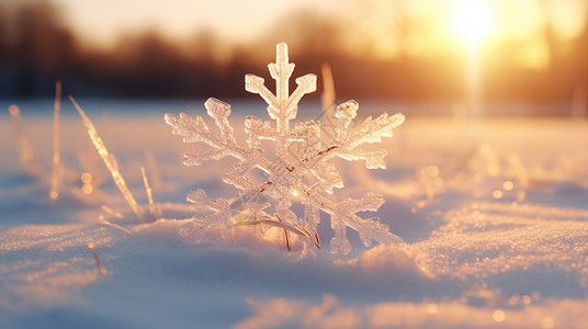 冬天的太阳夕阳下落在地上的一朵漂亮的雪花设计图片