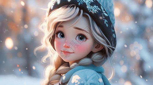 冬天在雪地中戴着厚帽子的可爱大眼睛卡通女孩背景图片