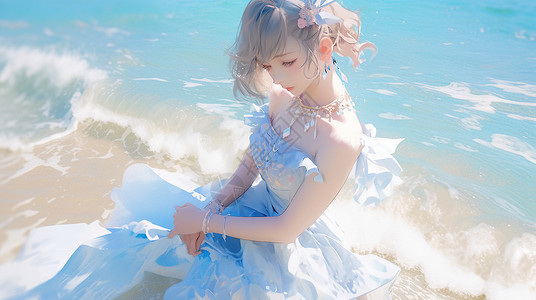 在海边沙滩上穿公主裙的漂亮卡通年轻女孩背景图片