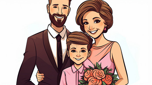 幸福的一家人合影卡通插画背景图片