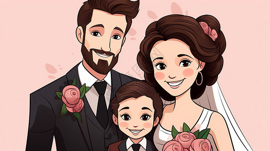 拍结婚照拍婚纱照的幸福一家人卡通合影插画
