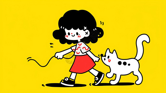 可爱的卡通小女孩与宠物猫一起散步背景图片