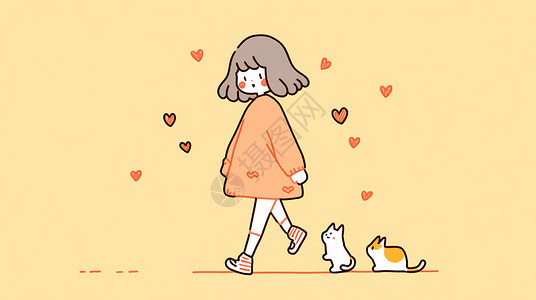 穿淡粉色裙子的卡通小女孩后面跟着两只可爱的卡通小猫背景图片