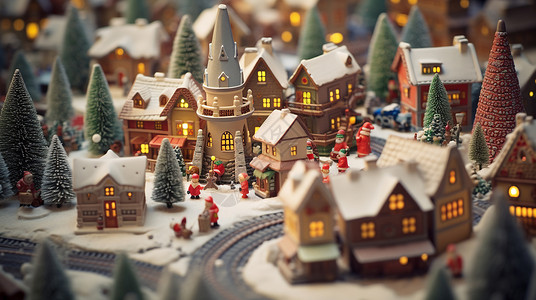 冬天圣诞节温馨喜庆的卡通村庄背景图片
