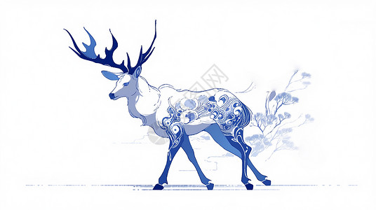 身上有青花瓷图案在走路的卡通鹿背景图片