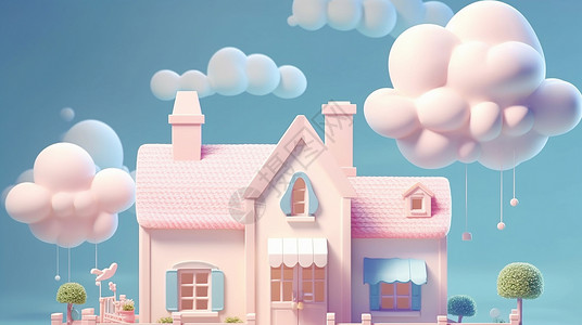 粉色立体可爱的卡通小房子天空上飘着云朵背景图片