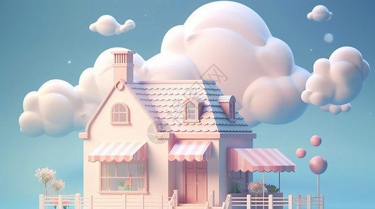 立体可爱的卡通小房子上一大朵粉色立体云朵背景图片